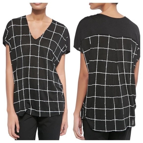 Vince White/Black Windowpane Plaid Casual Fit Knit Dolman Sleeve Top - Picture 6 of 7